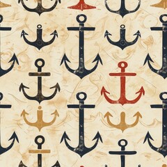 A pattern of black, red, and gold anchors on a beige background.
