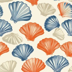 A pattern of orange and blue seashells on a cream background.
