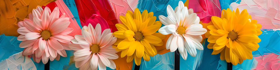 Garden Spectrum - Colorful Daisy Array Against a Textured Pastel Panorama for Joyful Artistic Expression