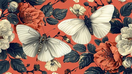 Whimsical Wonders: Seamless Boho Butterfly & Floral Pattern on Coral