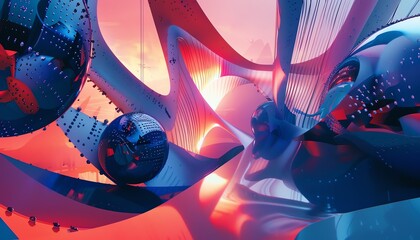 Capture the mesmerizing dance of abstract shapes in a futuristic world through a dynamic eye-level angle to bring a sense of immersion and wonder