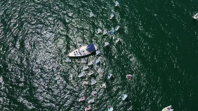 Small Sailboats Around Yacht School Family Vacation Sea Top Down Aerial Transitions Drone