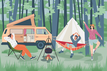 Family or friends adventure camping scene. Tent, campfire, trailer, hammock. Summer travel and picnic stuff. Flat graphic vector illustration.