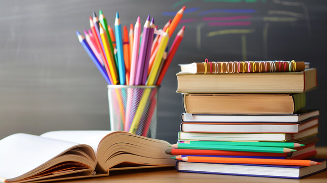 A stack of books and a pencil holder sit on a desk. The books are of various sizes and colors, and the pencil holder is filled with a rainbow of colored pencils. The scene suggests a creative