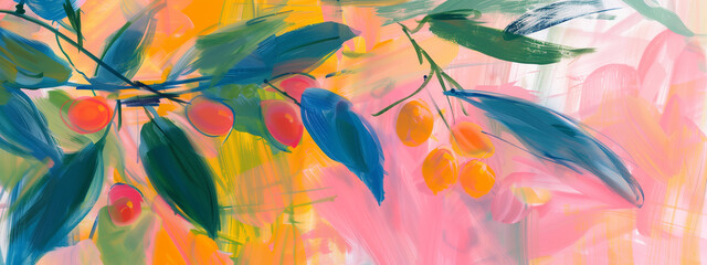Summer Orchard - Abstract Expressionist Painting of Fruit-Laden Branches Against a Pastel Pink Backdrop