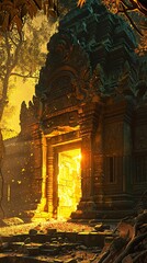 An ancient temple at dusk where a fire spirit emerges from an eternal flame, casting golden light on intricate carvings, as if guarding sacred secrets