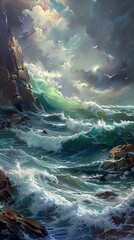 A stormy seascape where a Siren calls from a rocky outcrop, her voice carrying over the waves, luring sailors with her enchanting melody