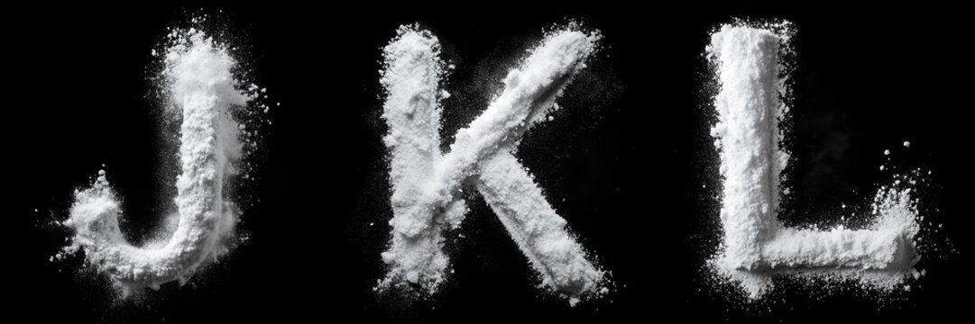 Letters J, K, L. Alphabet Made of White Chemical Powder on Black Background