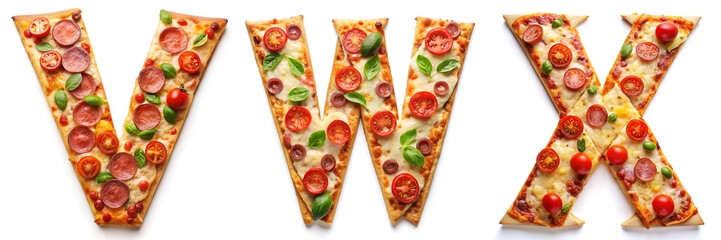 Letters V, W, X. Alphabet Made of Pepperoni Pizza on a White Background - obrazy, fototapety, plakaty