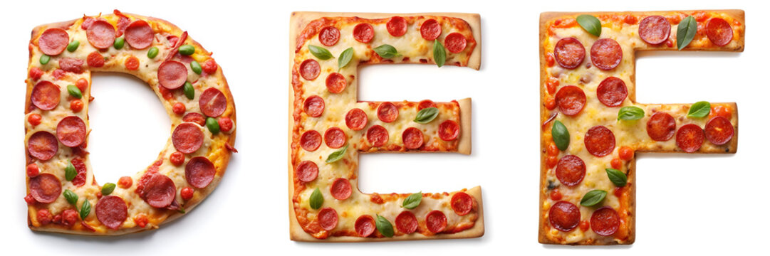 Letters D, E, F. Alphabet Made of Pepperoni Pizza on a White Background