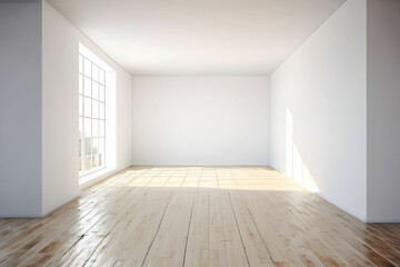 Modern sunny empty loft room with white wall and wooden floor 3D Render