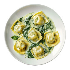 Delicious Plate of Spinach Raviolis with Alfredo Sauce Isolated on a Transparent Background 