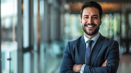 Smiling Businessman in Modern Office Corridor