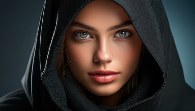 hyper detailed, hyper realistic close up portrait of a young woman with a black hood on her head