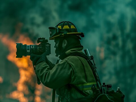 A firefighter is taking a picture of a fire. The man is wearing a helmet and a jacket