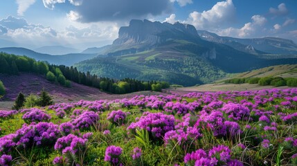 Purple flowers in front of mountain