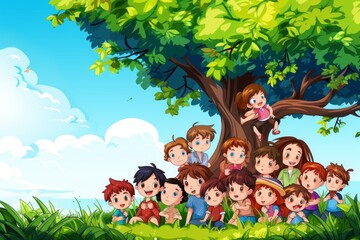 Group of happy kids in the park illustration. Cartoon vector illustration.
