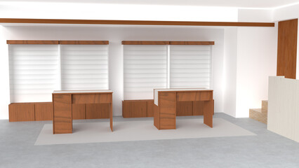 Vista frontal de local comercial con muebles exhibidores con estantes y escritorios en madera. Ilustración 3D. 