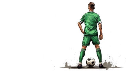 Green watercolor painting of soccer man player in action view from back