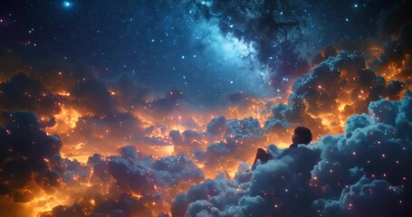 Boy immersed in a book, seated in a flying chair amidst billowy clouds under a starry night sky. A youthful reader is engrossed in his book