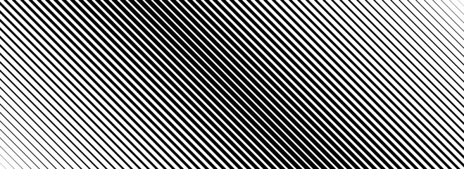 Oblique line halftone gradient texture. Fading diagonal stripe gradation background. Black slanted pattern backdrop. Thin to thick stripe vanish backdrop for overlay, print, cover. Vector wide texture