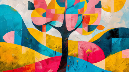 Whimsical Arbor - Abstract Artistic Interpretation of a Colorful Tree in a Vivid Landscape