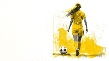Yellow watercolor painting of soccer woman player and ball view from back