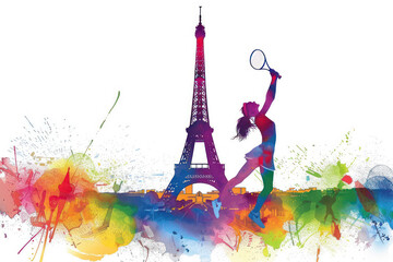 Colorful watercolor painting of tennis woman player by eiffel tower