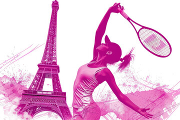 Pink watercolor painting of tennis woman player by eiffel tower