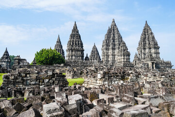 Indonesia, Yogyakarta, April 14, 2024: Prambanan temple Hindu, UNESCO world heritage - obrazy, fototapety, plakaty