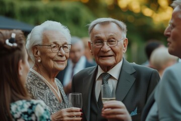 Elderly couple with glasses of champagne at a wedding party.