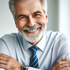 Smiling happy confident old manager with tie crossing hands isolated on a white background