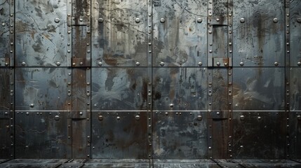 Metal door with numerous rivets up close
