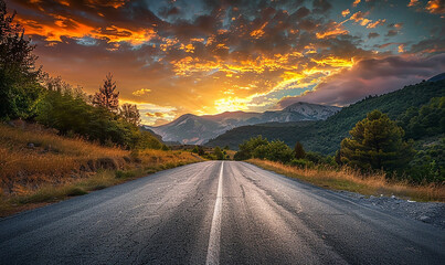 Low angle view of the evening sunset shining softly on a mountain with a paved road passing through it.
 - Powered by Adobe