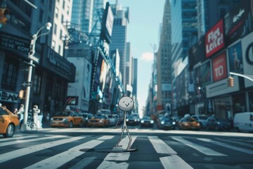 Fototapeta premium Cosmic Visitor: A Playful Cartoon Alien Journeying amidst the Urban Hustle and Bustle