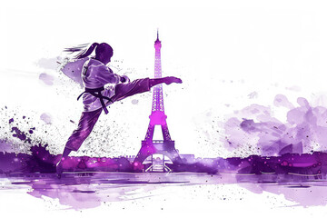 Purple watercolor paint of a judo woman doing a kick by the eiffel tower