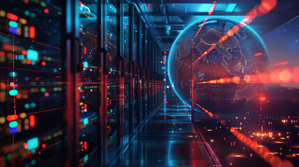 A computer server room with a glowing globe in the middle