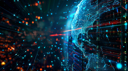 A computer generated image of a globe with a blue and red background