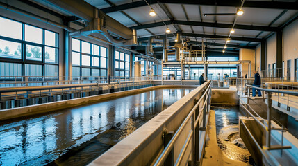 A large industrial building with a long waterway running through it - Powered by Adobe