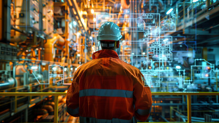 Fototapeta premium The man is wearing a hard hat and is standing on a platform