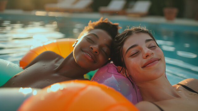 Two teenage friends from different backgrounds share a quiet, intimate moment, lying on a common pool float, their faces beaming with satisfaction at the vacation...