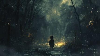 The silhouette of a little boy appears against the darkness of the forest and the cold of the night.
