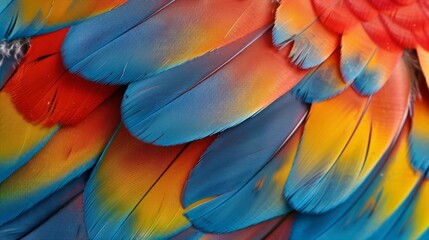 A colorful bird's feathers with a blue, red, and yellow pattern