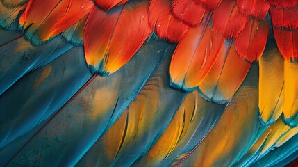 Vibrant Plumage: A Colorful Bird's Feathers Adorned with a Striking Blue, Red, and Yellow Pattern