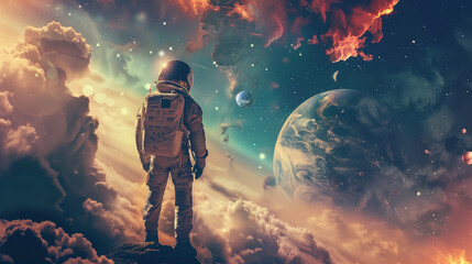 A man in a spacesuit is standing in the clouds. The sky is filled with clouds and the man is looking up at the sky - obrazy, fototapety, plakaty