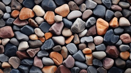 Close-up of various pebble stones with a range of natural hues and smooth textures.