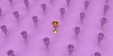 Golden trophy among many plain trophies, purple background