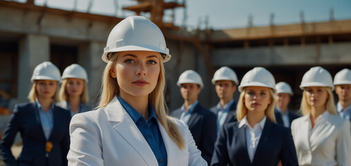 Businesswomen Wearing Hard Hats. The concept of productive, working women.

