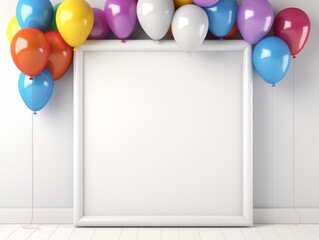 A joyful celebration background featuring colorful balloons around a white frame, perfect for invitations.