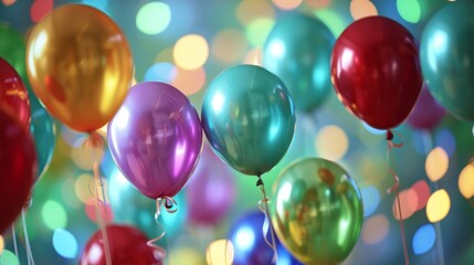 A lively array of colorful birthday balloons set against a backdrop with a soft bokeh light effect.